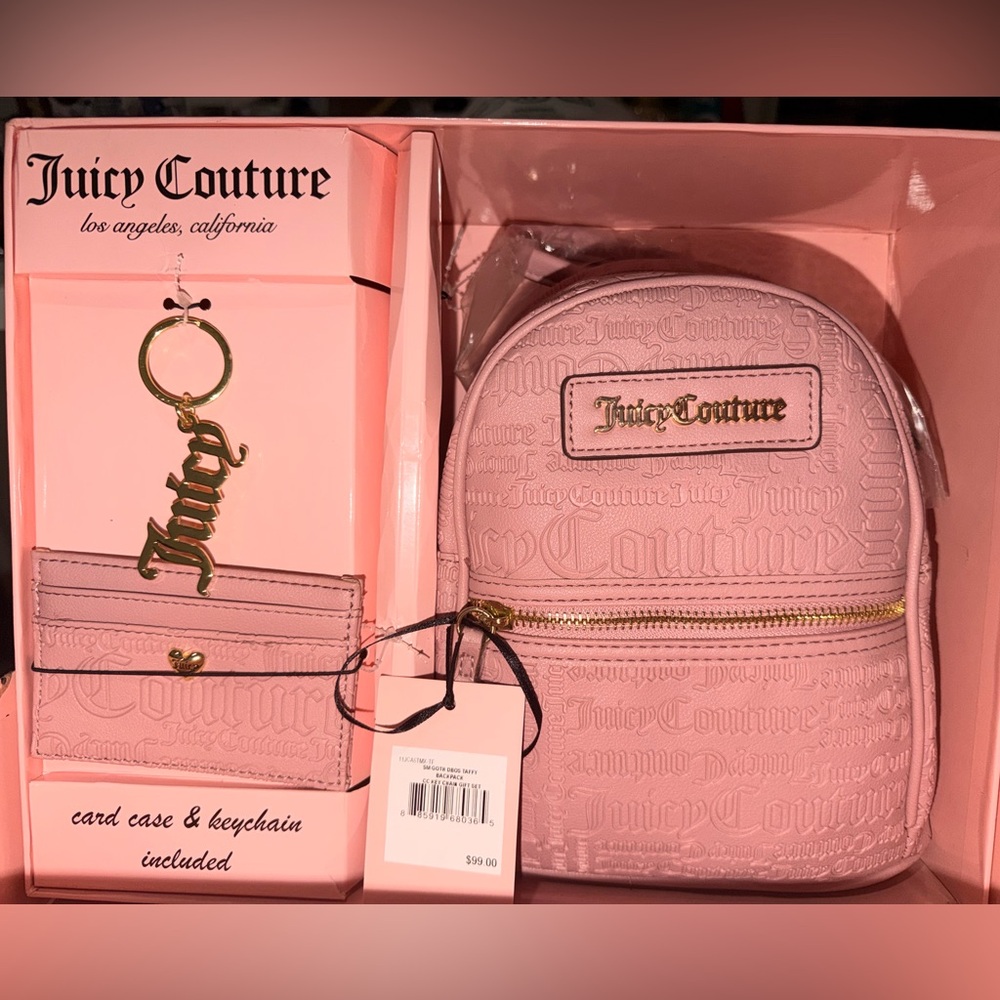 Juicy Couture Pink mini backpack with card case and keychain.